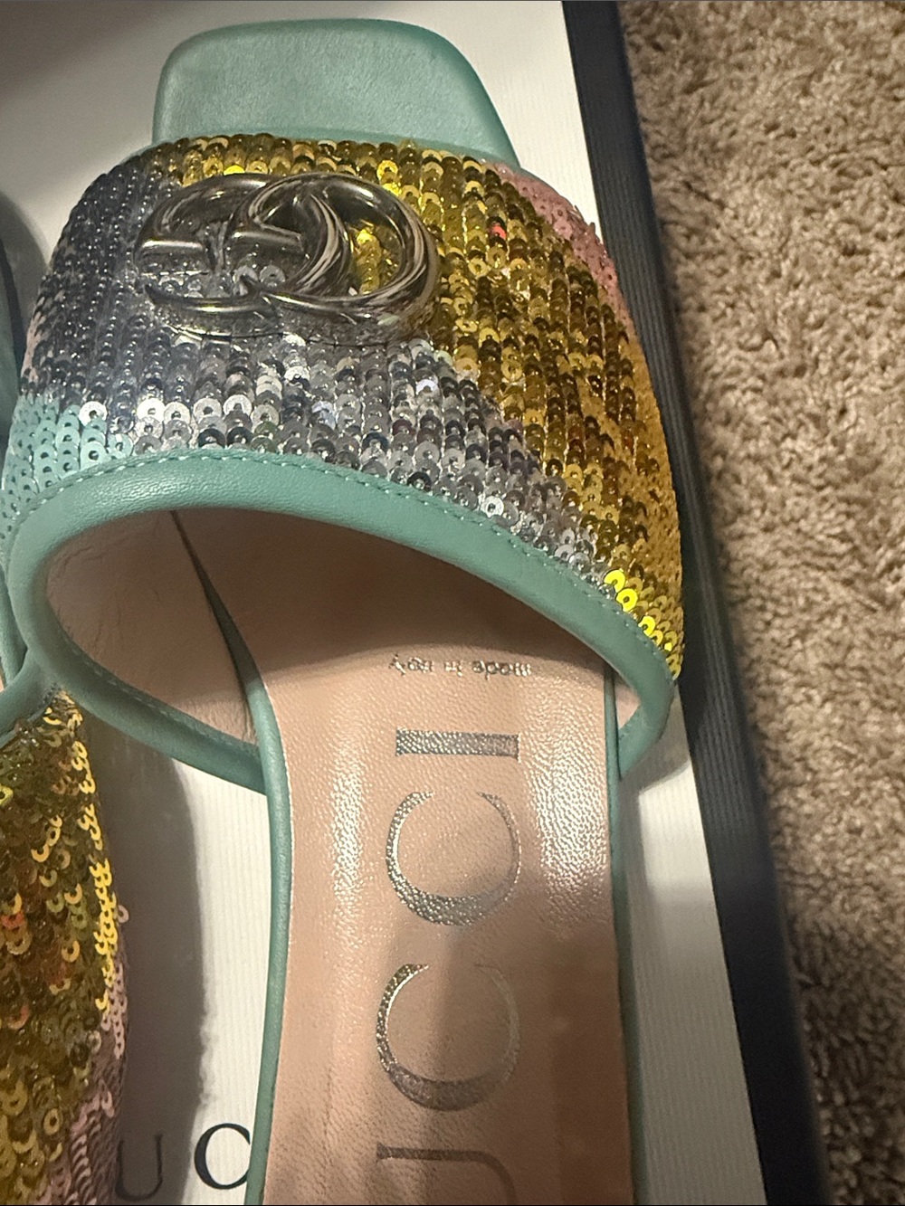 Gucci Mint Sequin Slide Sandals with Multicolor Sequins - Picture 3 of 5